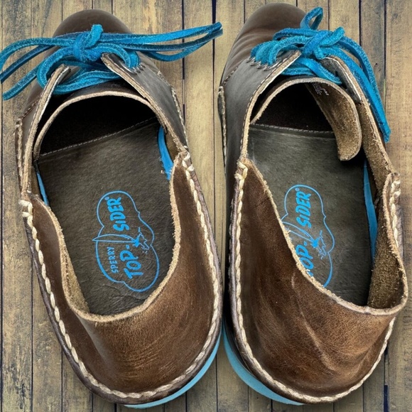 Sperry Top Sider Mens 8 M Dark Brown Leather Oxfords Blue Laces, Soles - Picture 6 of 9